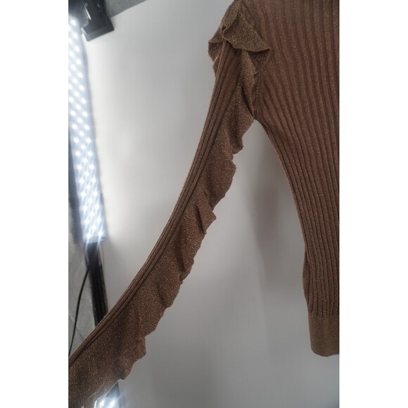 Joie Beza Shimmer Knit Sweater Gold Brown Metallic Ruffle Ribbed Top Size XS - Picture 9 of 12